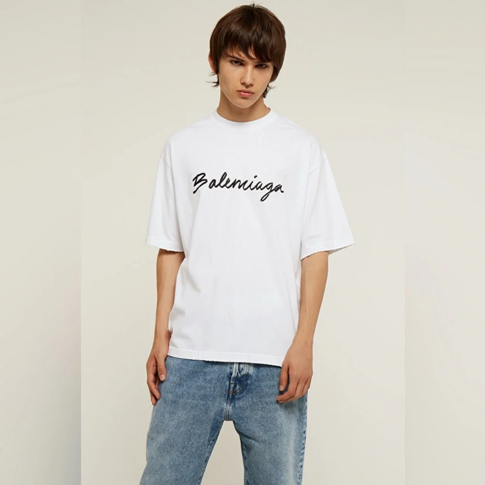Like New Men’s Size Medium Balenciaga Oversized Logo Scripted T-shirt 100% White - Picture 5 of 14